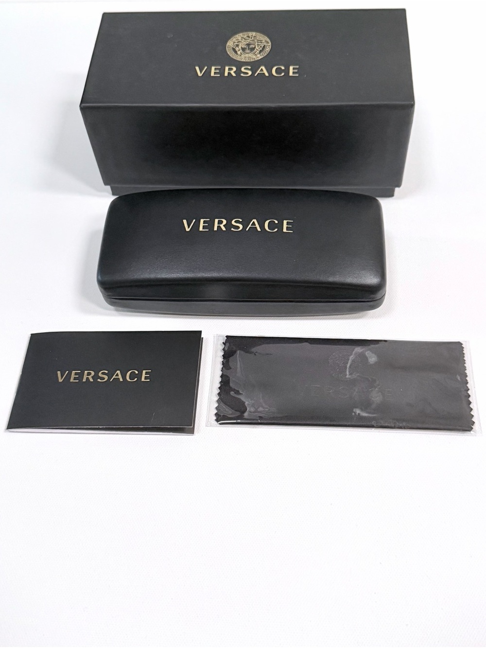 Versace Black and Gold Eyewear Case with Branded Accessories